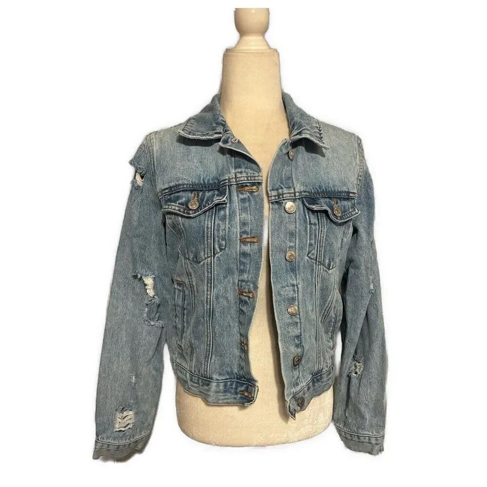 Forever 21 Los Angeles Light Blue Distressed Long Sleeve Jean Denim Jacket Small